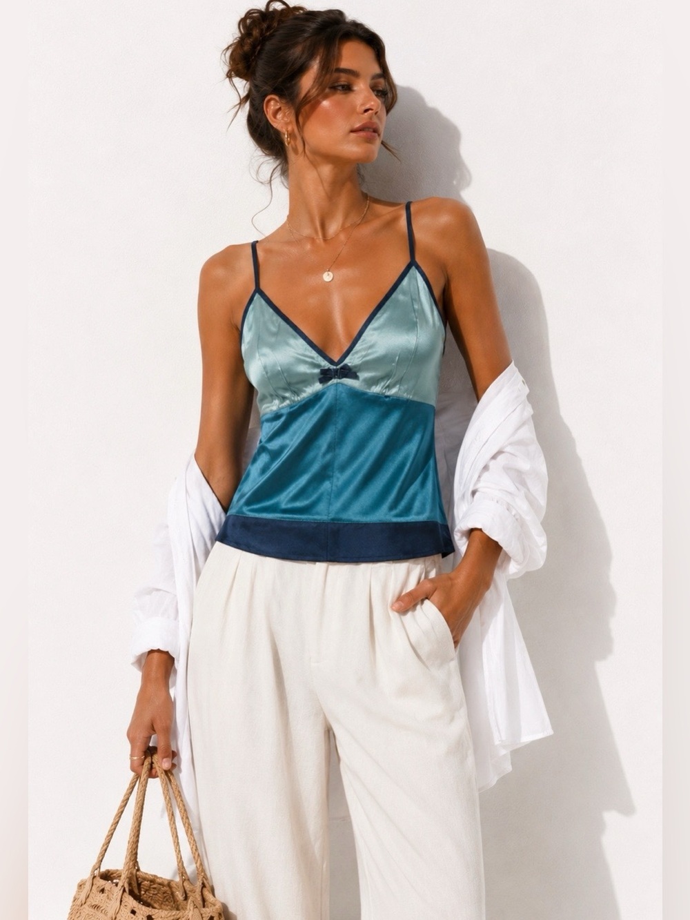 Gold Hawk Aquatic Blue Silk Colorblock Camisole Tank Size Large NWT